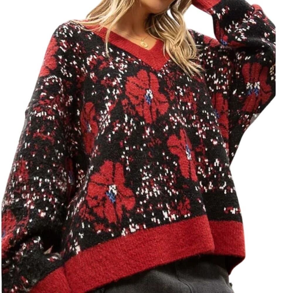 POL Oversized Knit Sweater | Floral Embroidery, Balloon Sleeves, Black, NWOT, L